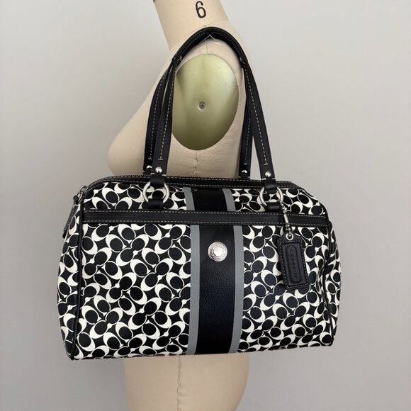 COACH F15132 Black White Heritage Signature Satchel Bag and Pouch Wristlet - Picture 11 of 14